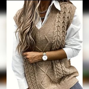 Women's plus size Khaki cozy knit crochet sleeveless sweater vest